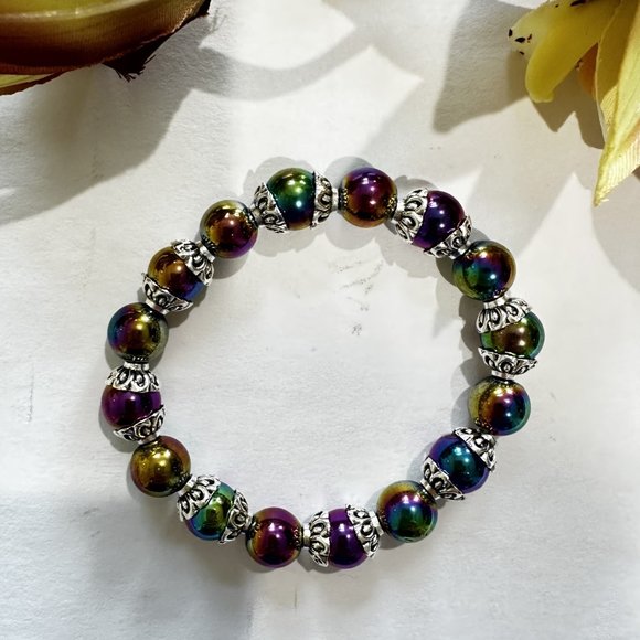 10mm Rainbow Multicolor Hematite Flower Rondelle Beaded Stretch Bracelet - Picture 2 of 7